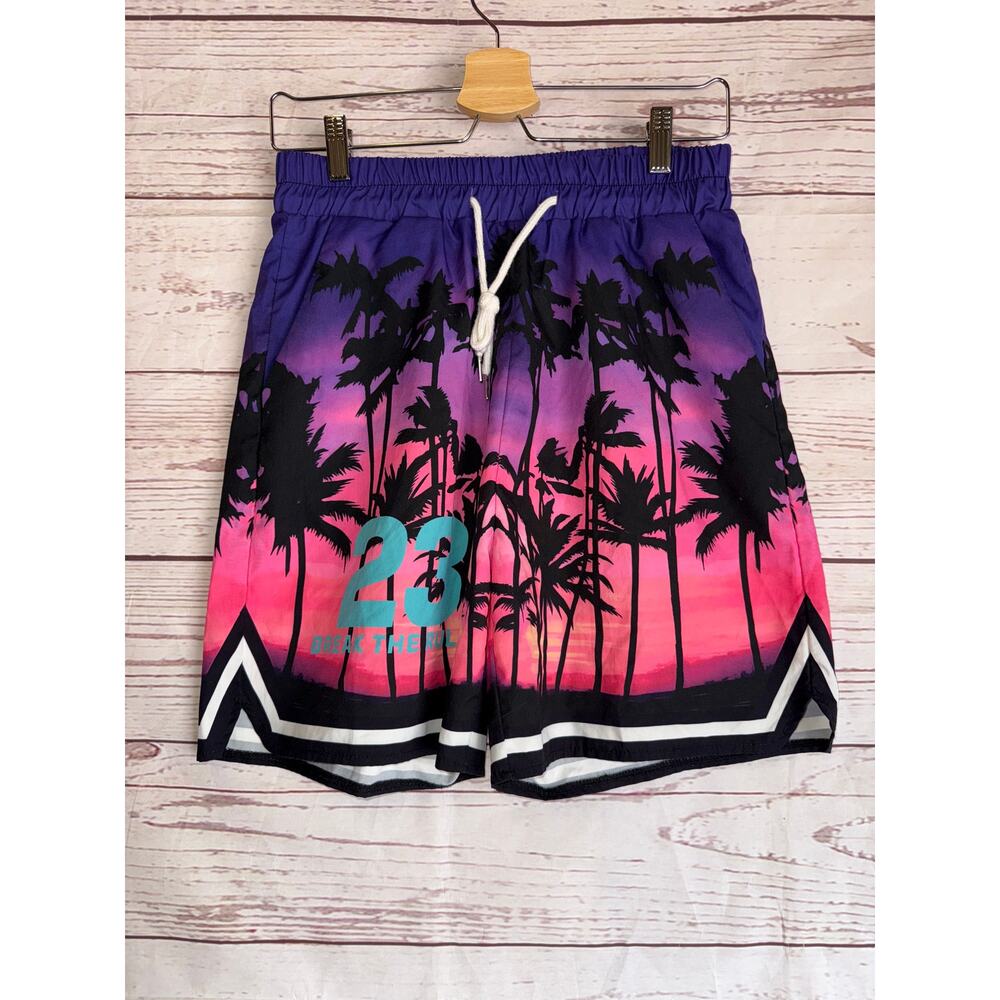 Romwe Palm Tree Purple and Pink Swim Trunks Sz S